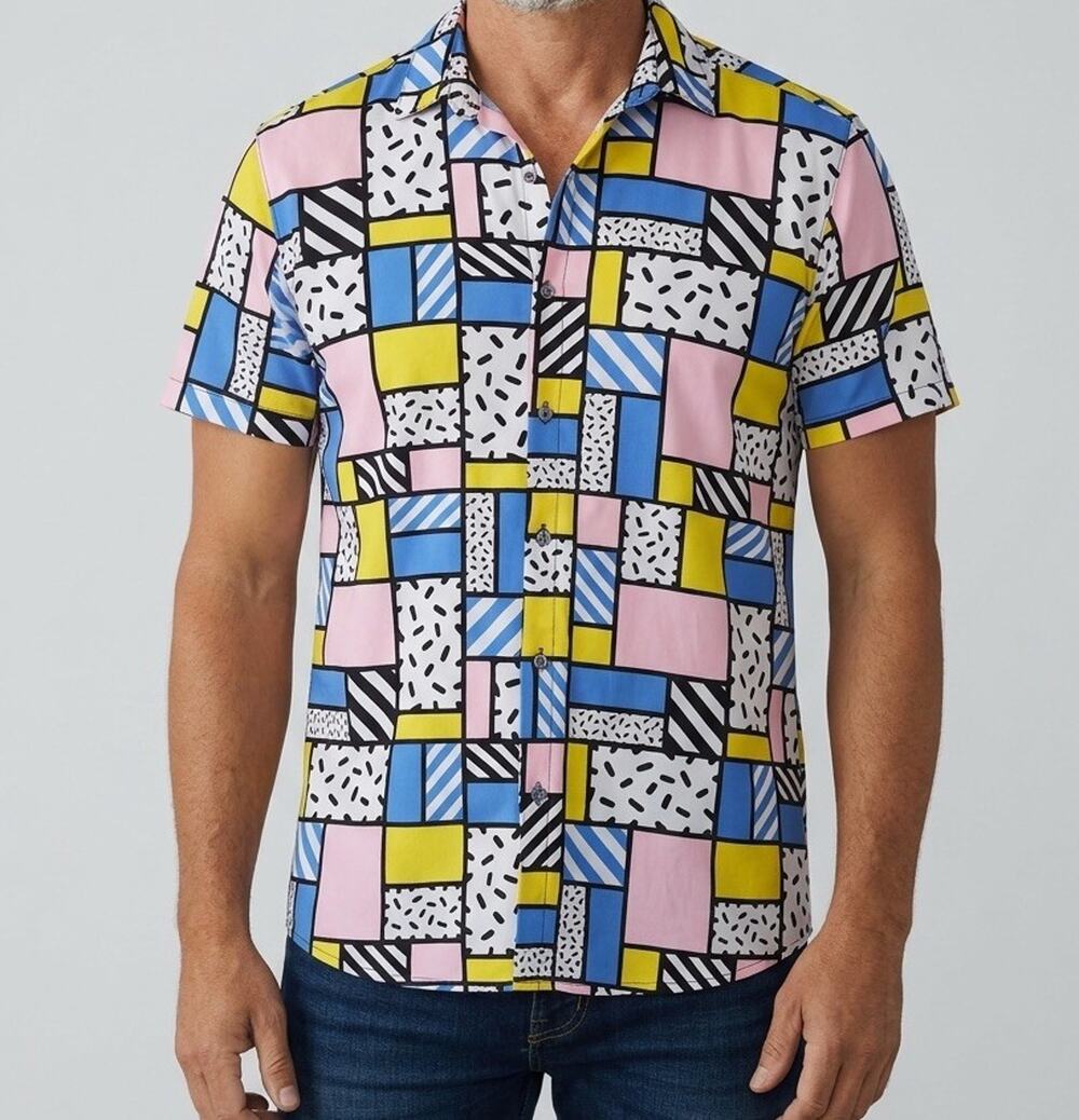 Drill Clothing O-Snap 80s 90s Shirt Men's M Blue Yellow Color Geometric Print